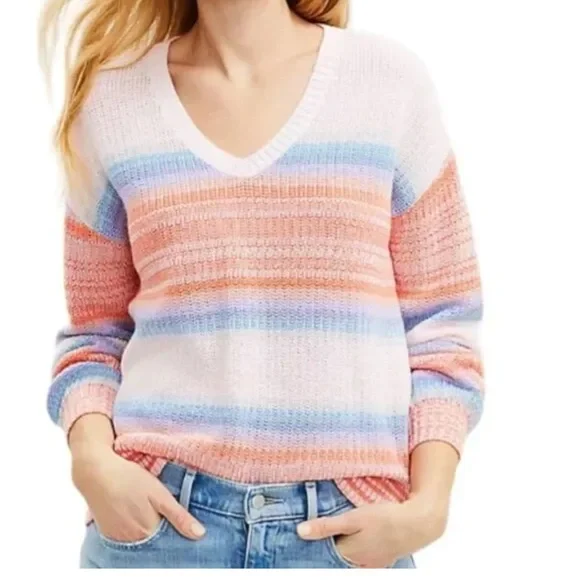 Loft pink & blue Ombre Striped V-Neck Sweater SZ L cotton blend casual weekend - Picture 3 of 11
